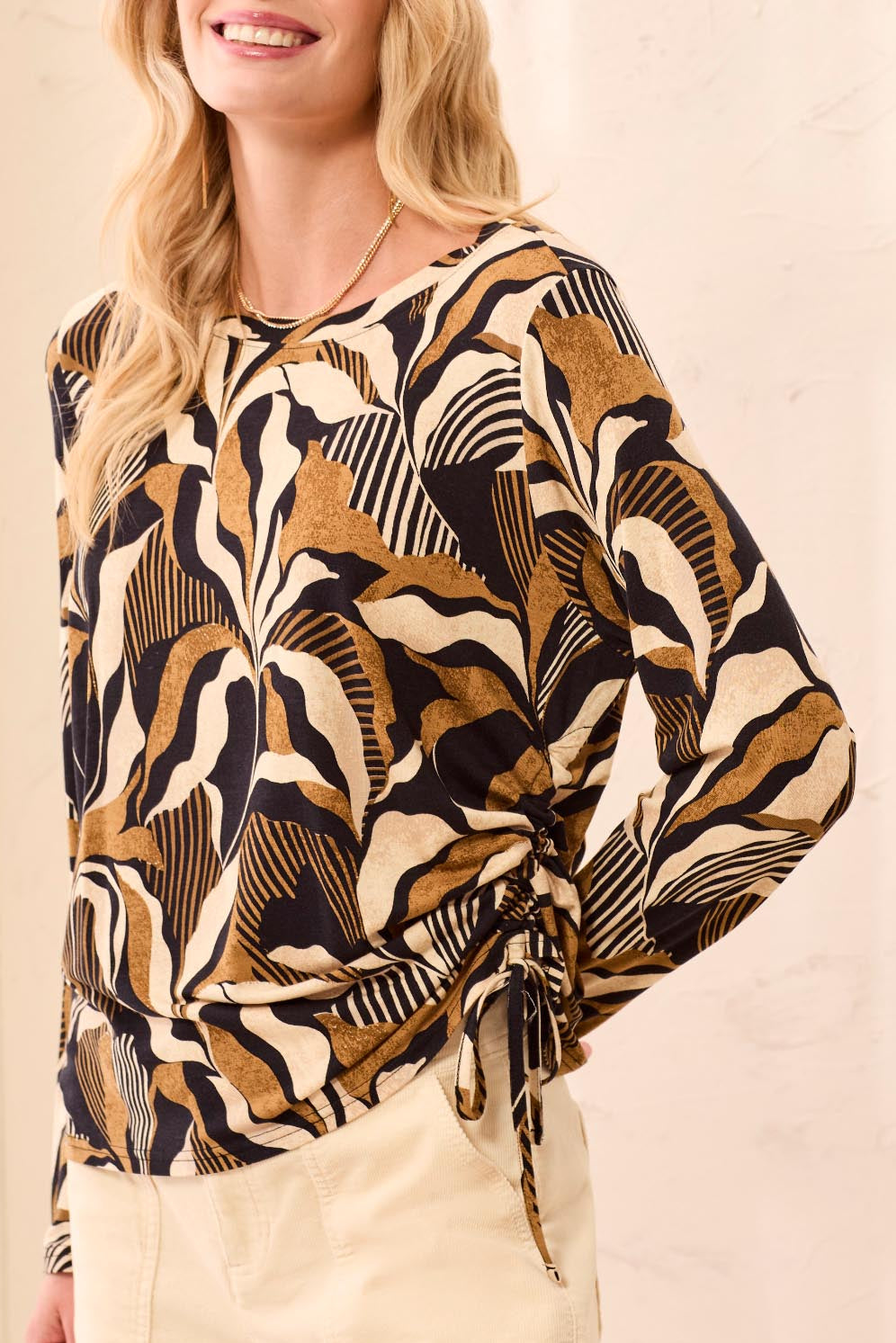 Abstract Leaf Print Side Ruched Top