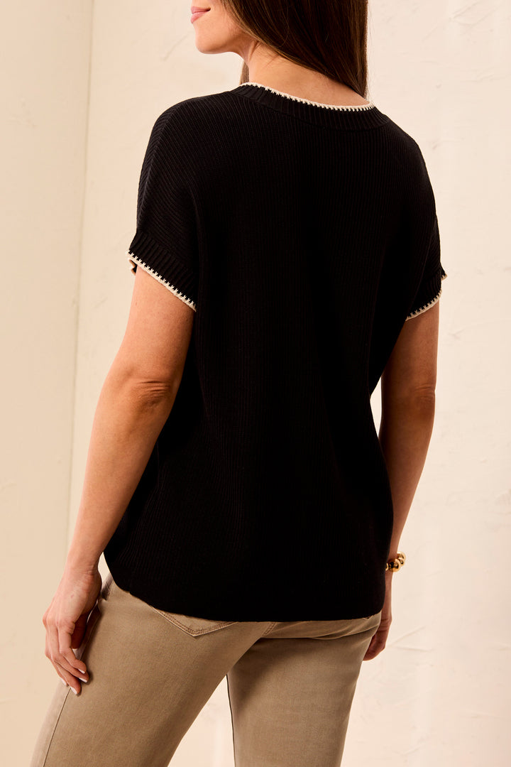 Contrast Stitch Short Sleeve Cotton Sweater