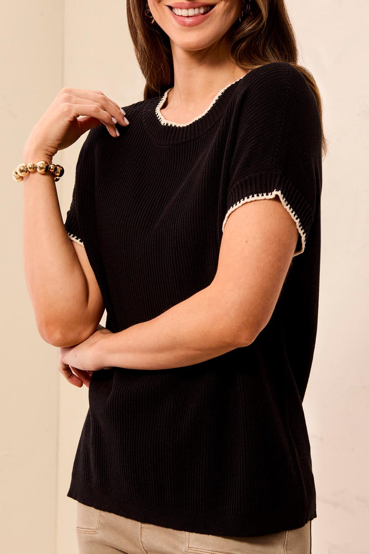 Contrast Stitch Short Sleeve Cotton Sweater