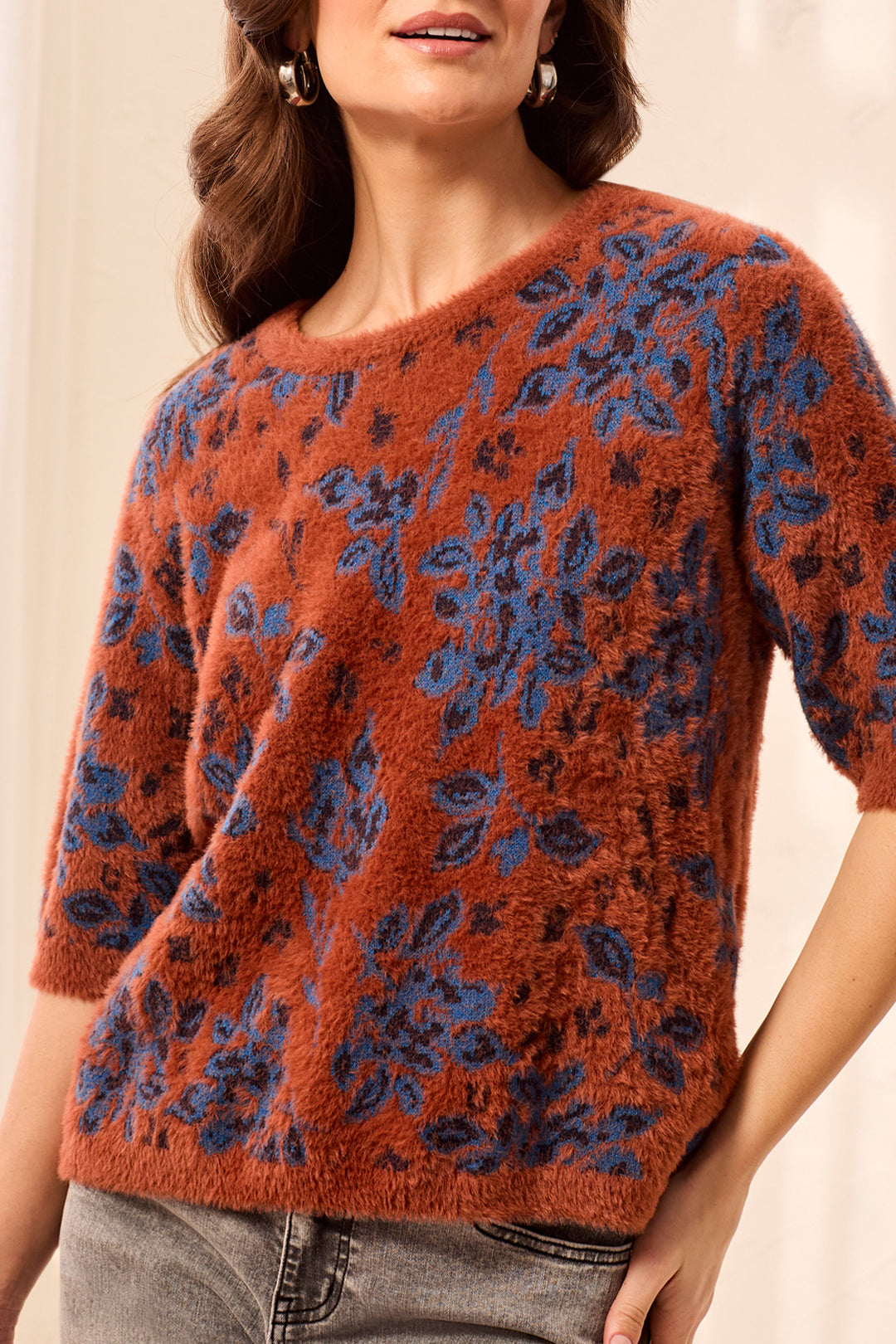 Fuzzy Floral Short Sleeve Sweater