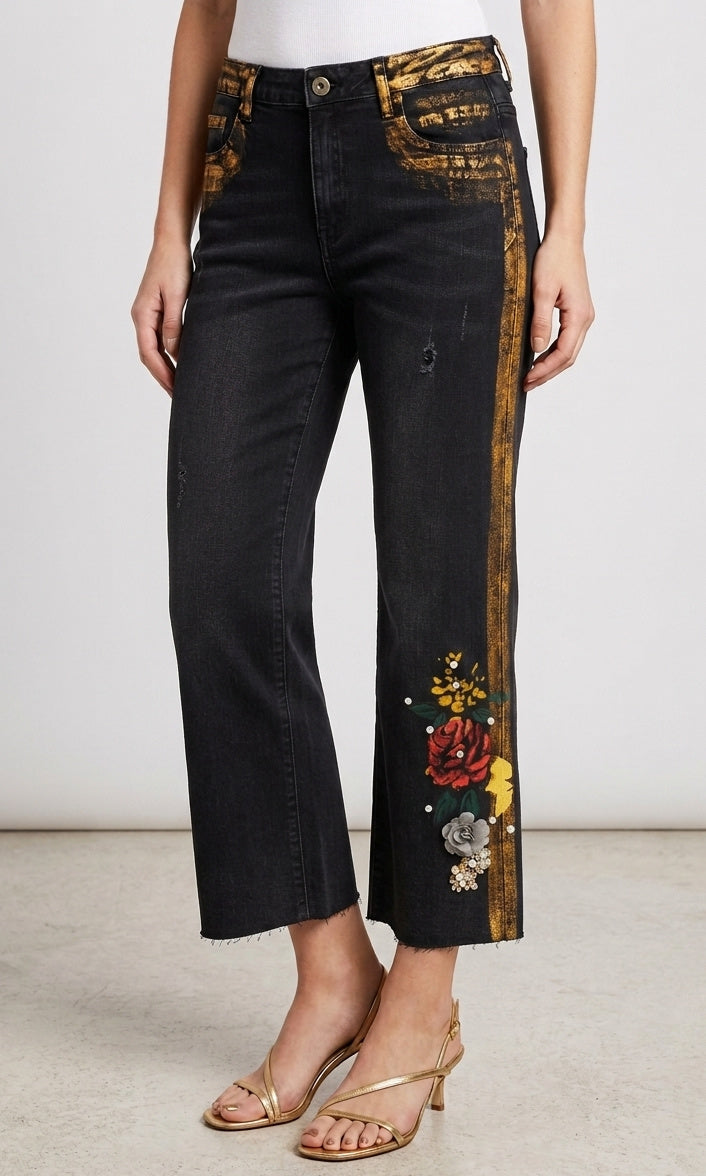 Floral Detail Cropped Denim Jean