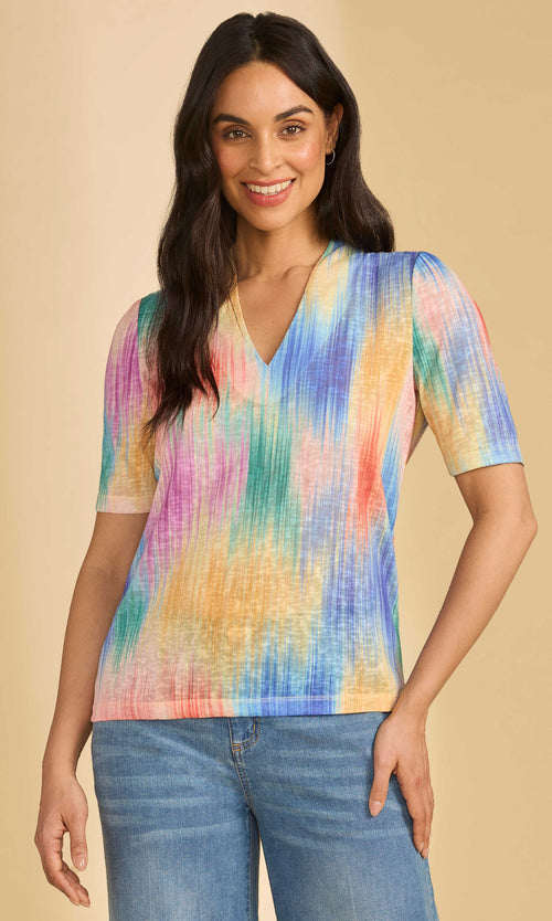 Abstract Vertical Print V-Neck Top