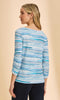 Blue multi striped boat-neck top with ruched 3/4 sleeves