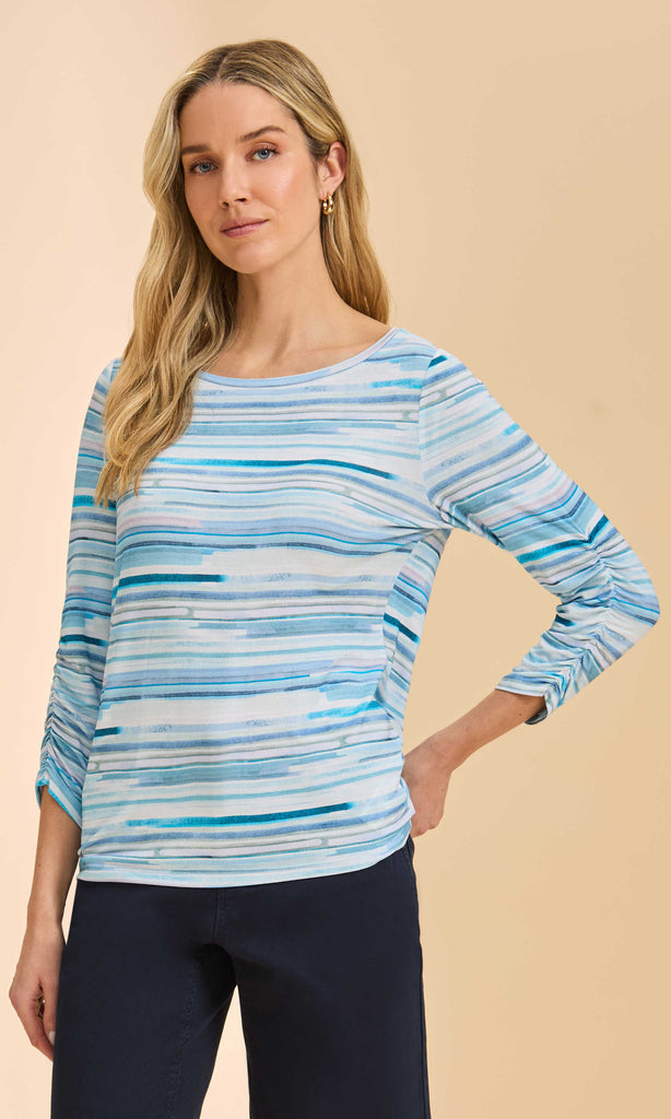 Blue multi striped boat-neck top with ruched 3/4 sleeves