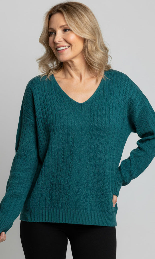 Cotton Cable V Neck Sweater