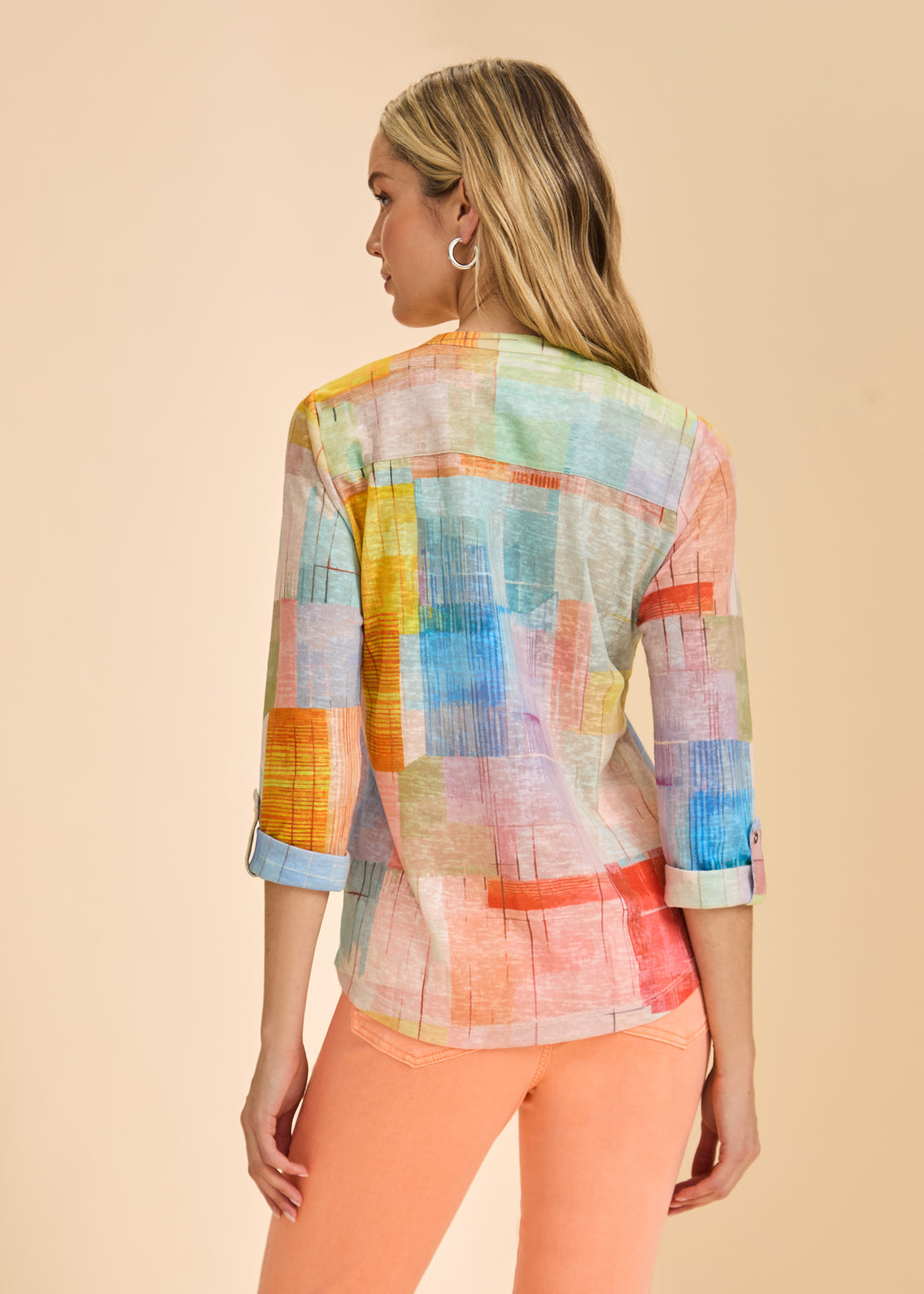 Henley Roll-Tab Sleeve Blouse