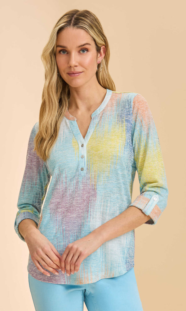 multi printed Henley top with 3/4 roll-tab sleeves