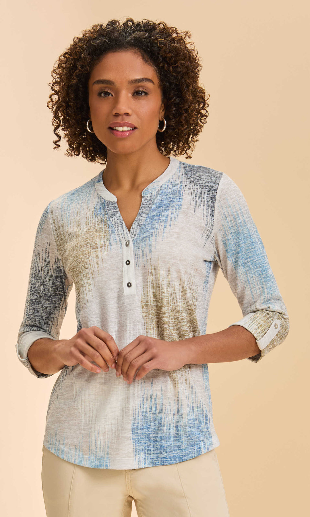 multi printed Henley top with 3/4 roll-tab sleeves