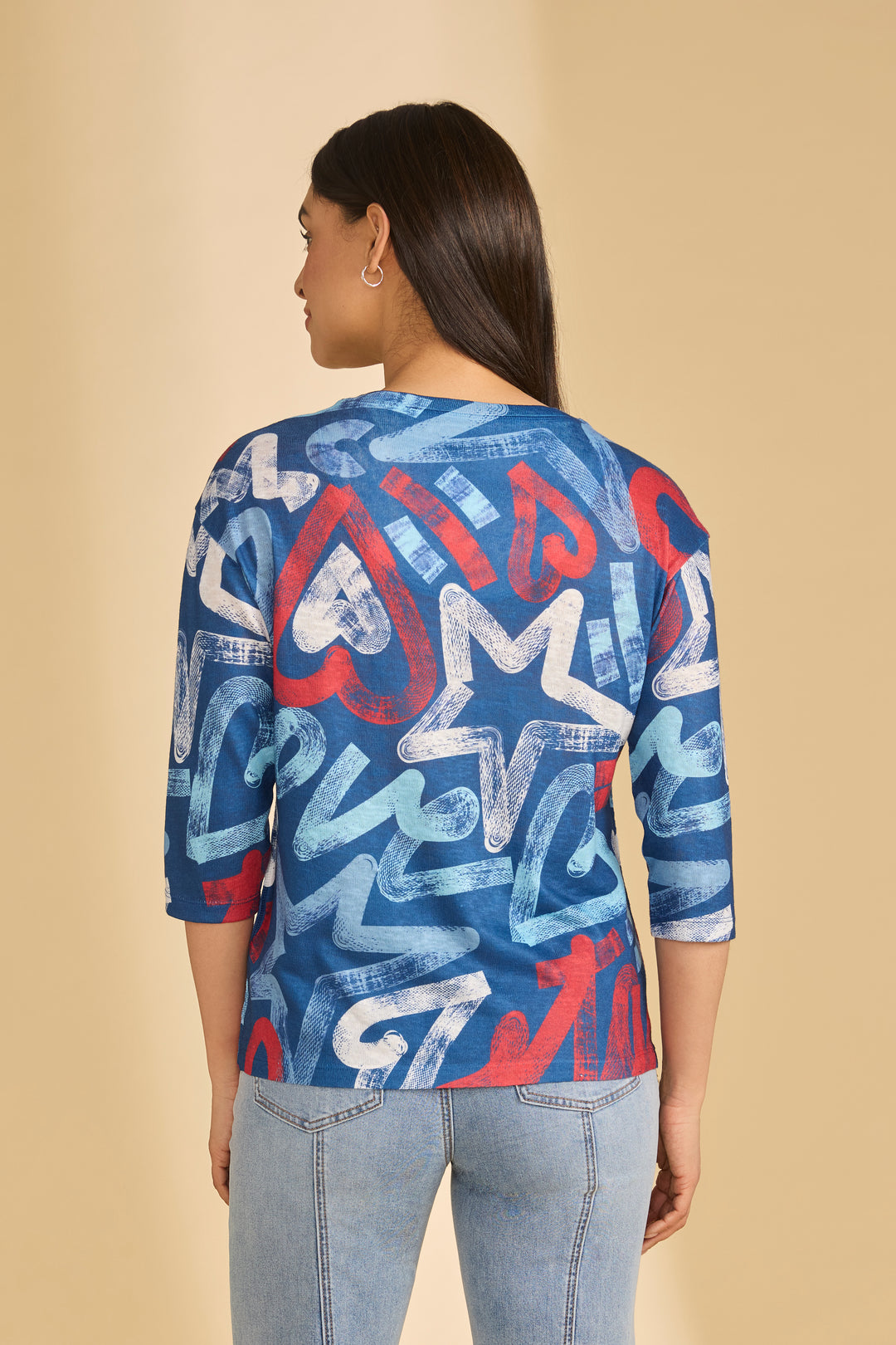 Abstract Print V-Neck 3/4 Sleeve Top