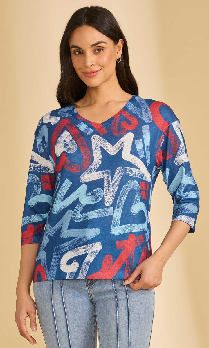 Abstract Print V-Neck 3/4 Sleeve Top