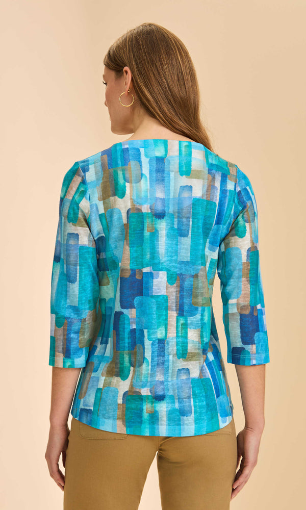 Blue multi abstract print V-neck top with 3/4 sleeves