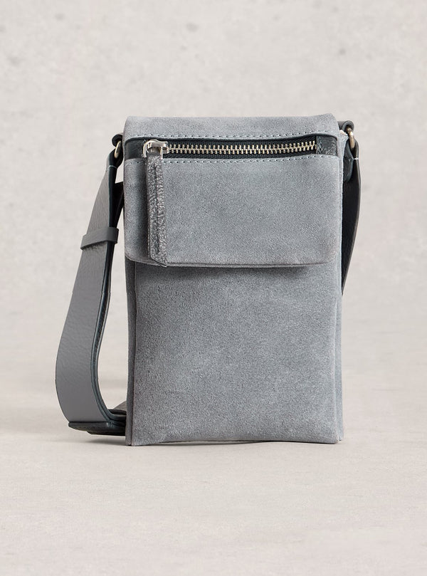 Gray crossbody bag on a light gray background