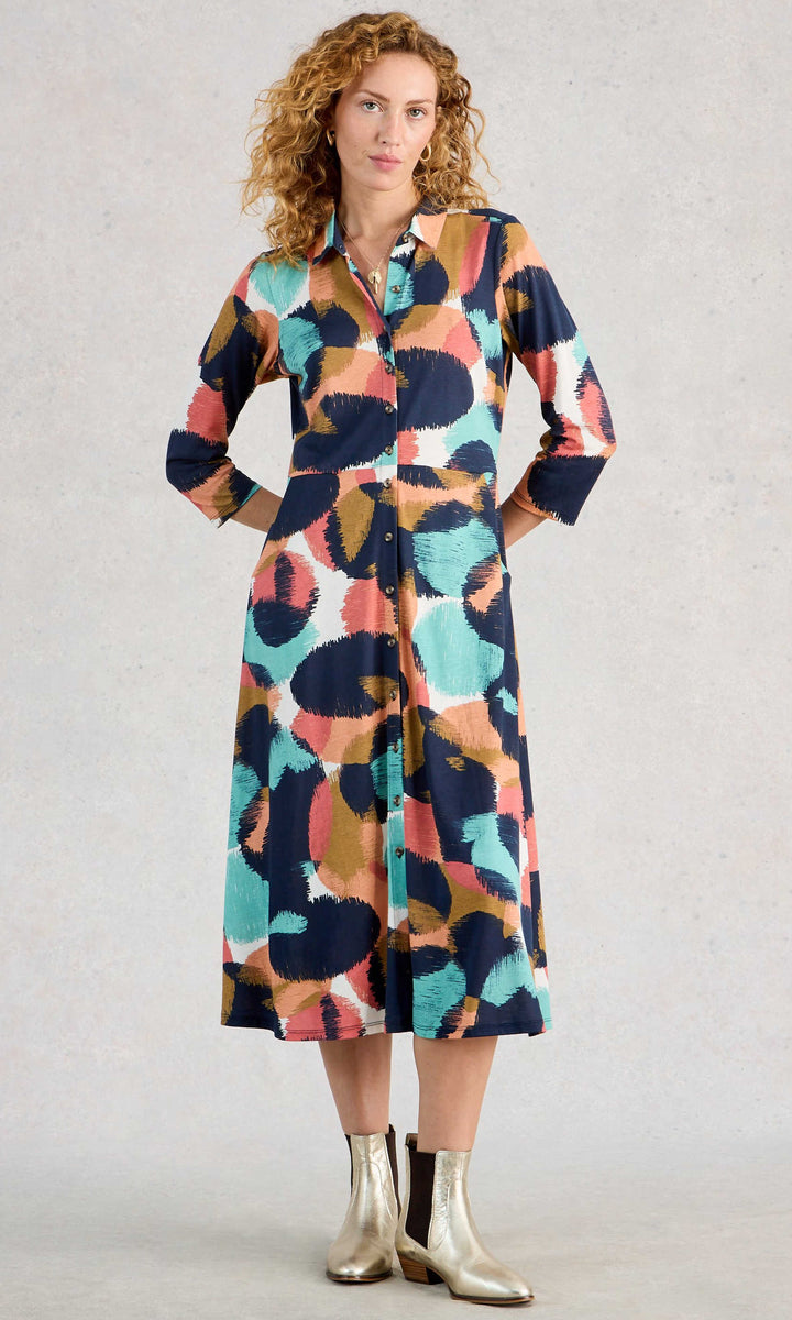 Organic Cotton Modal Printed Button-Front Midi Dress