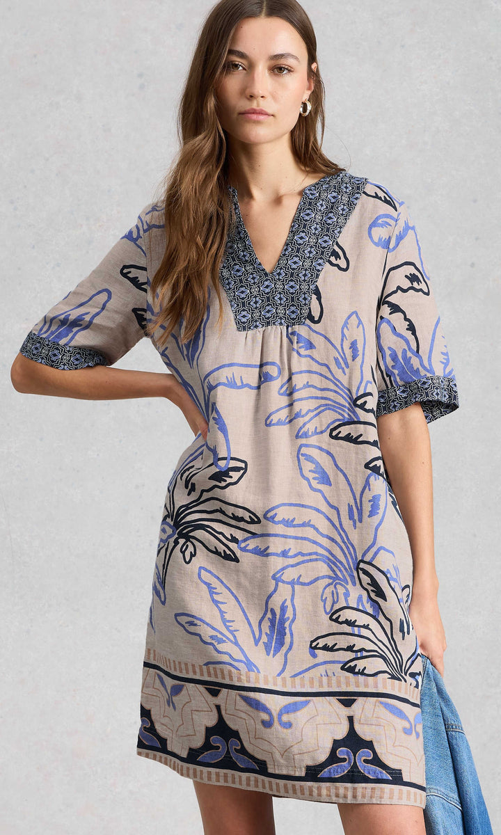 Linen Mixed Print V-Neck Shift Dress
