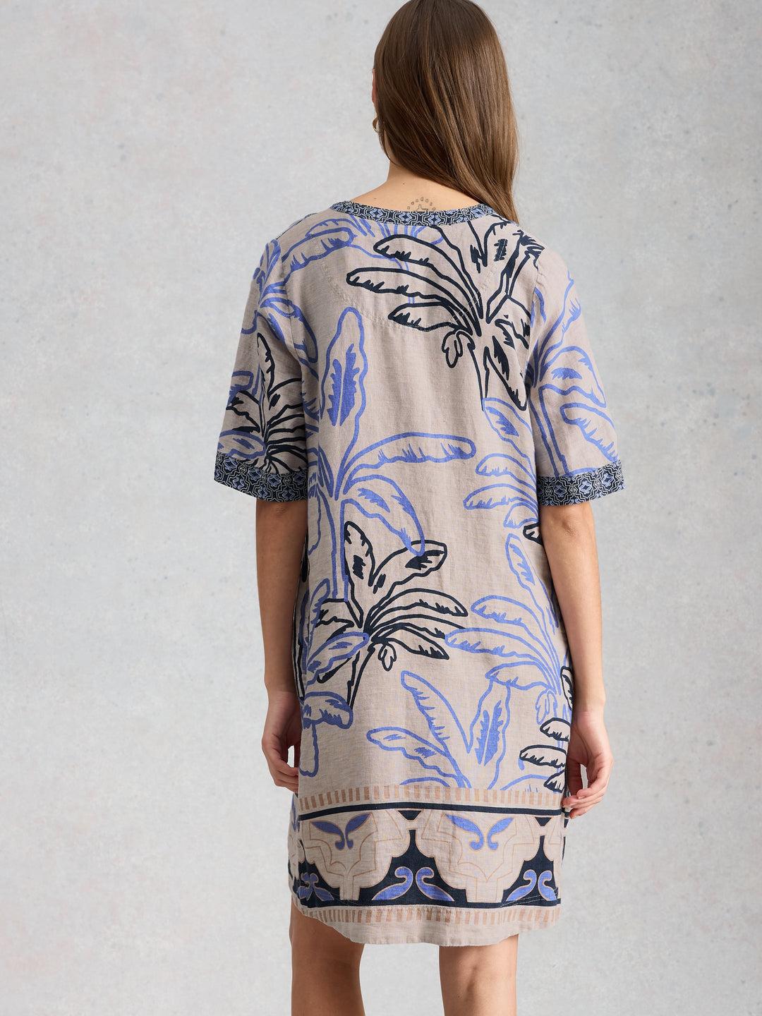 Linen Mixed Print V-Neck Shift Dress