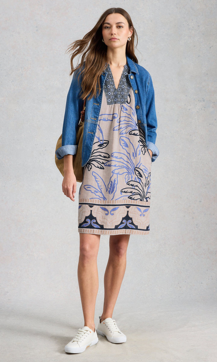 Linen Mixed Print V-Neck Shift Dress
