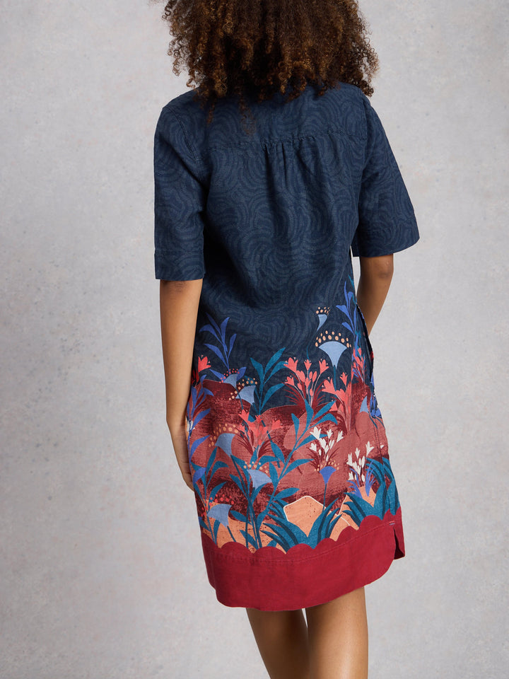 Linen Border Print V-Neck Shift Dress