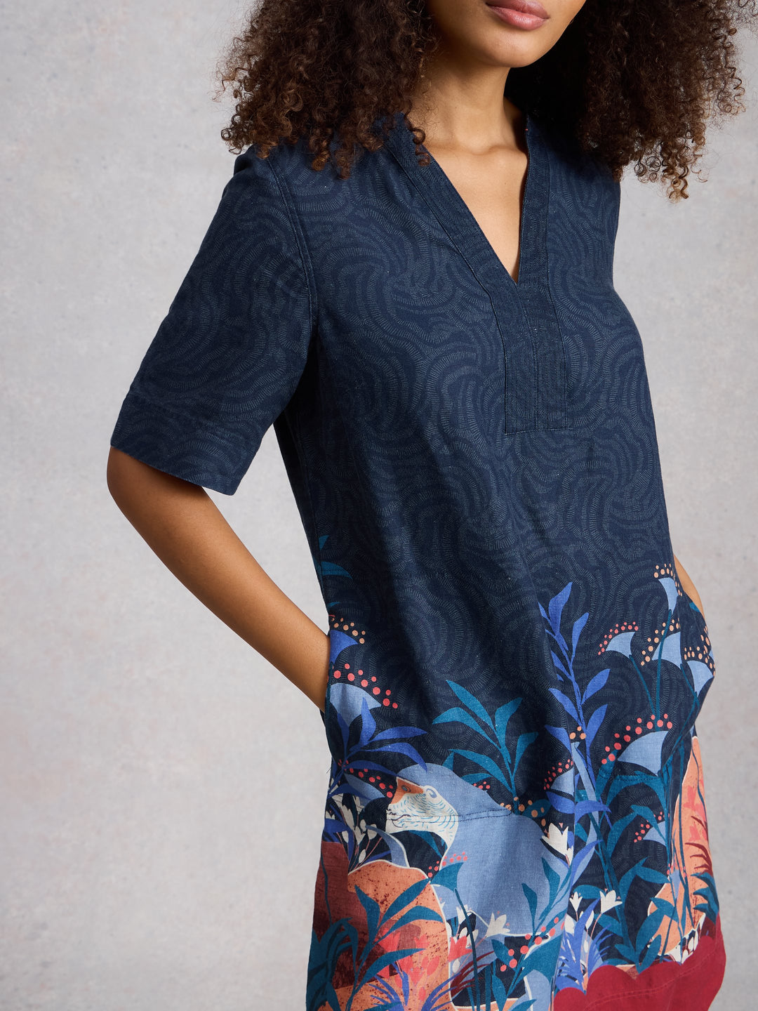 Linen Border Print V-Neck Shift Dress