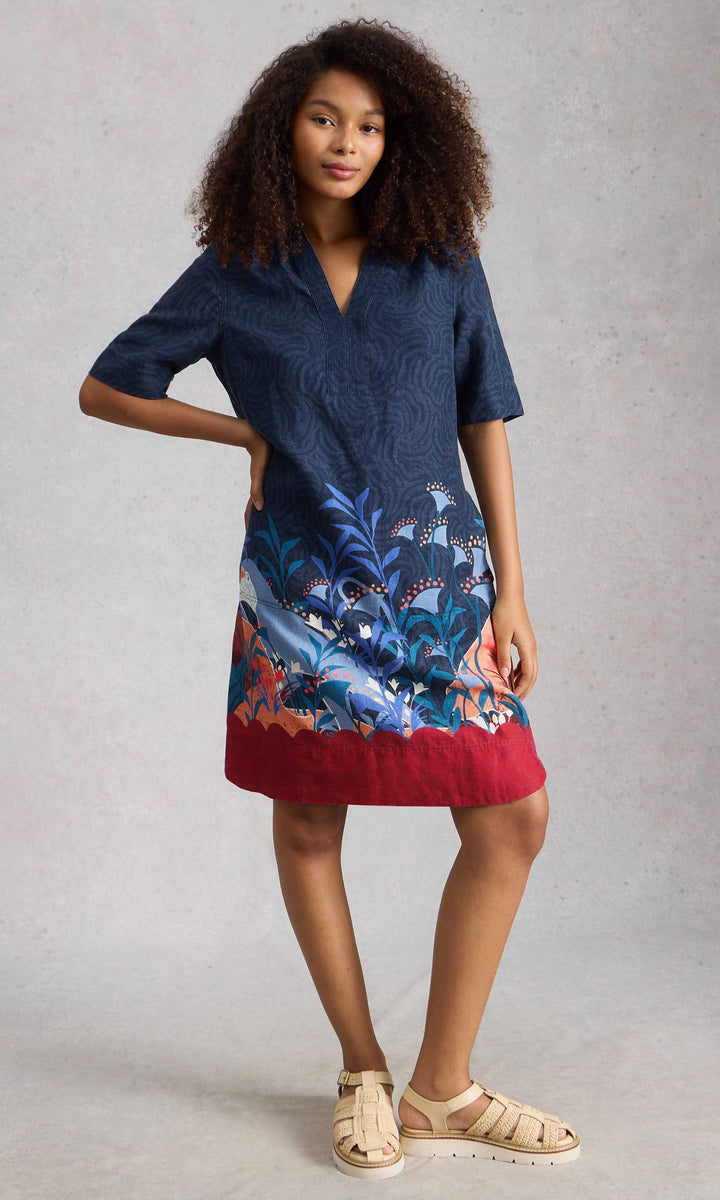 Linen Border Print V-Neck Shift Dress