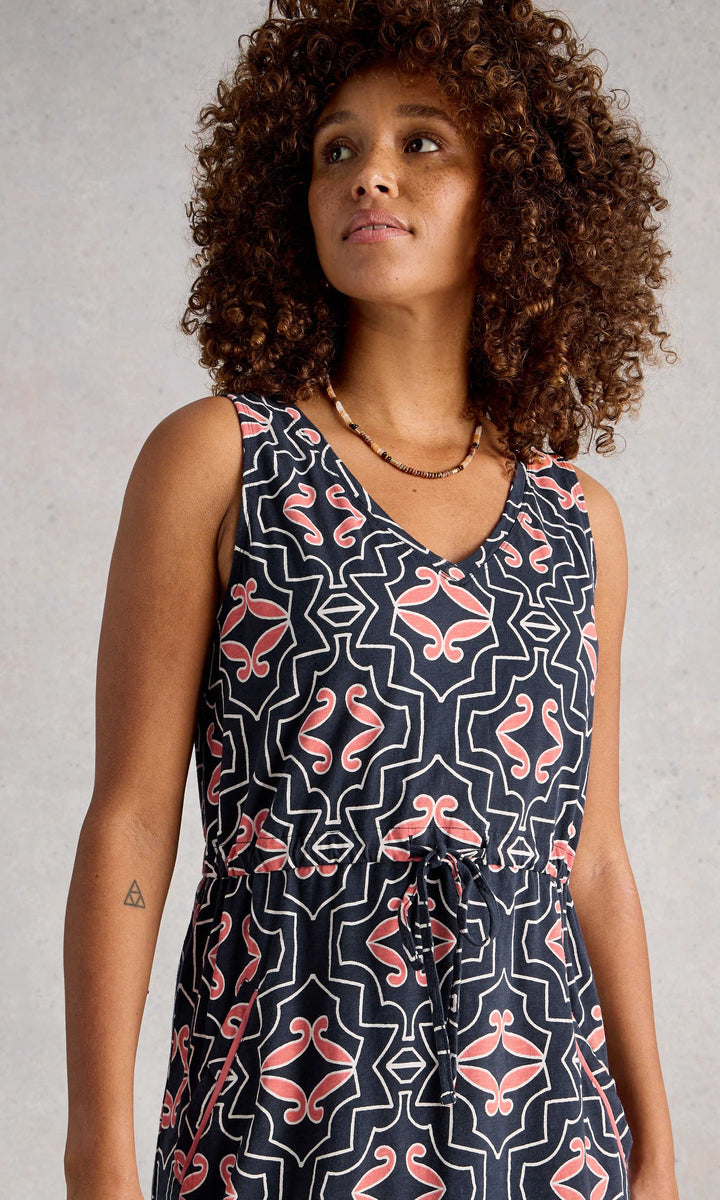 Cotton Printed Sleeveless Tie-Waist Dress