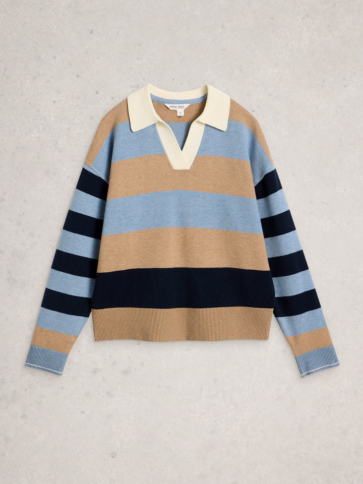 Striped sweater with a collar on a light gray background