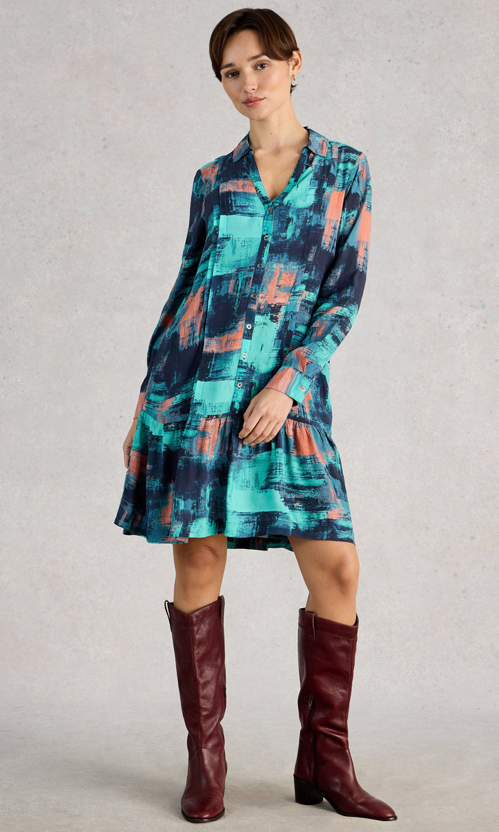 Abstract Print Button-Front Shirt Dress