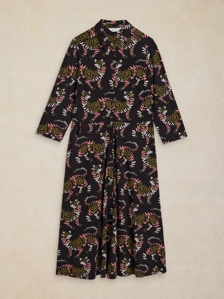 Tiger Print Button Front Midi Dress