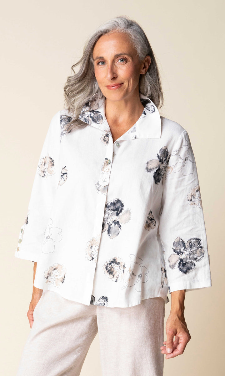 Linen Floral Button-Front Blouse