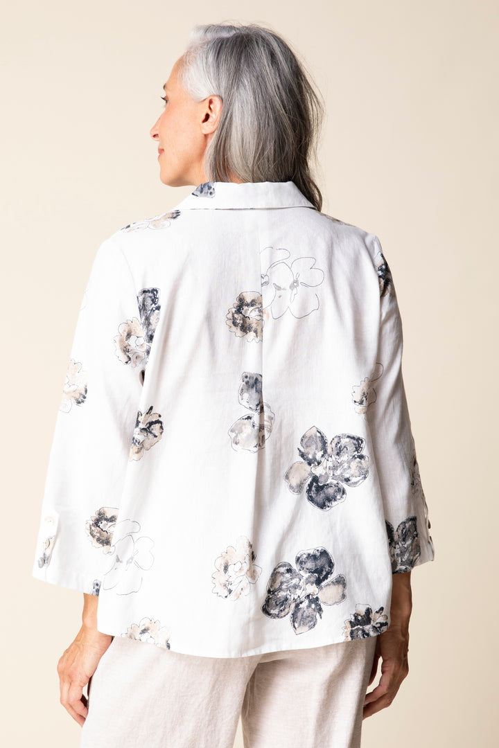 Linen Floral Button-Front Blouse