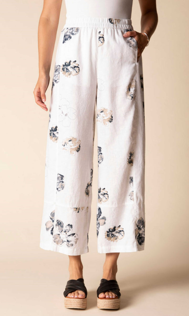 Linen Blend Printed Wide-Leg Cropped Pants