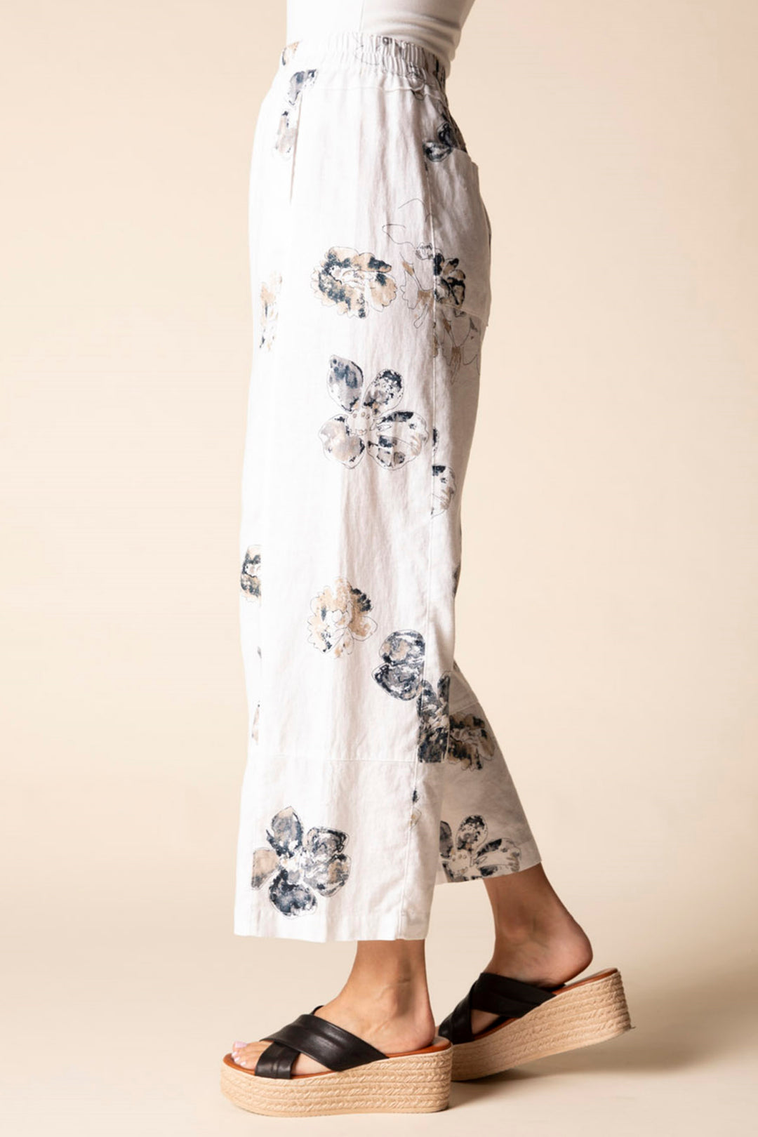 Linen Blend Printed Wide-Leg Cropped Pants