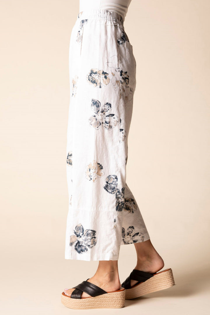 Linen Blend Printed Wide-Leg Cropped Pants