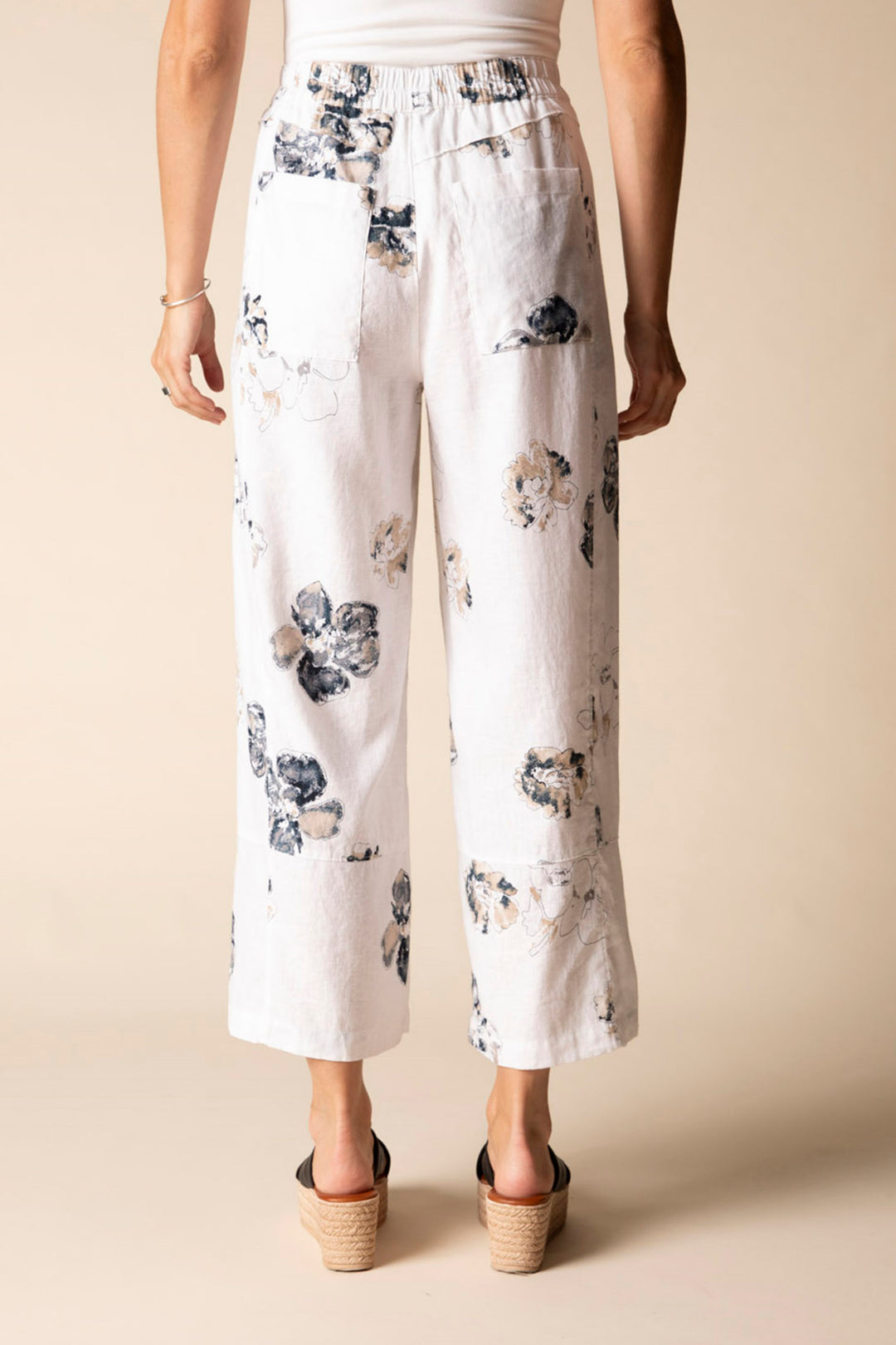 Linen Blend Printed Wide-Leg Cropped Pants