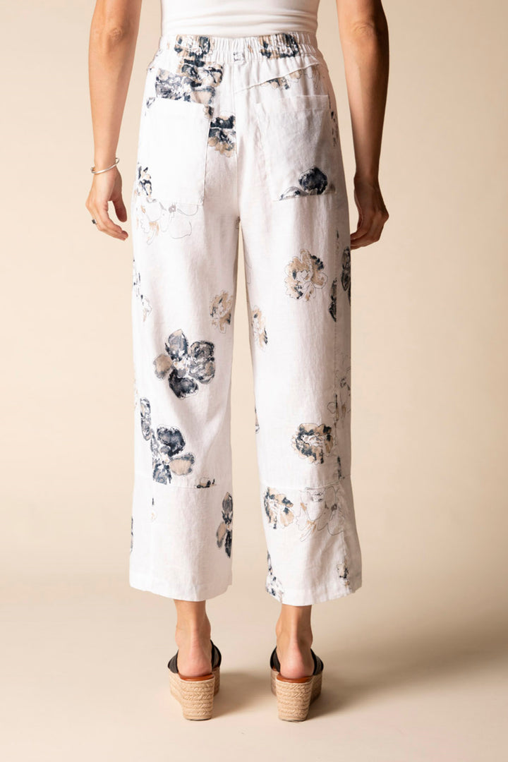 Linen Blend Printed Wide-Leg Cropped Pants