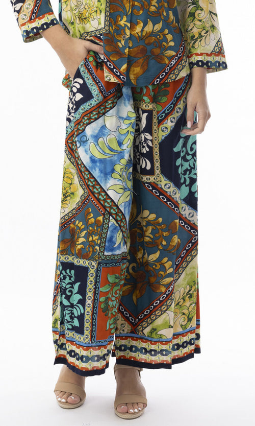 Patchwork Print Wide-Leg Rayon Pants
