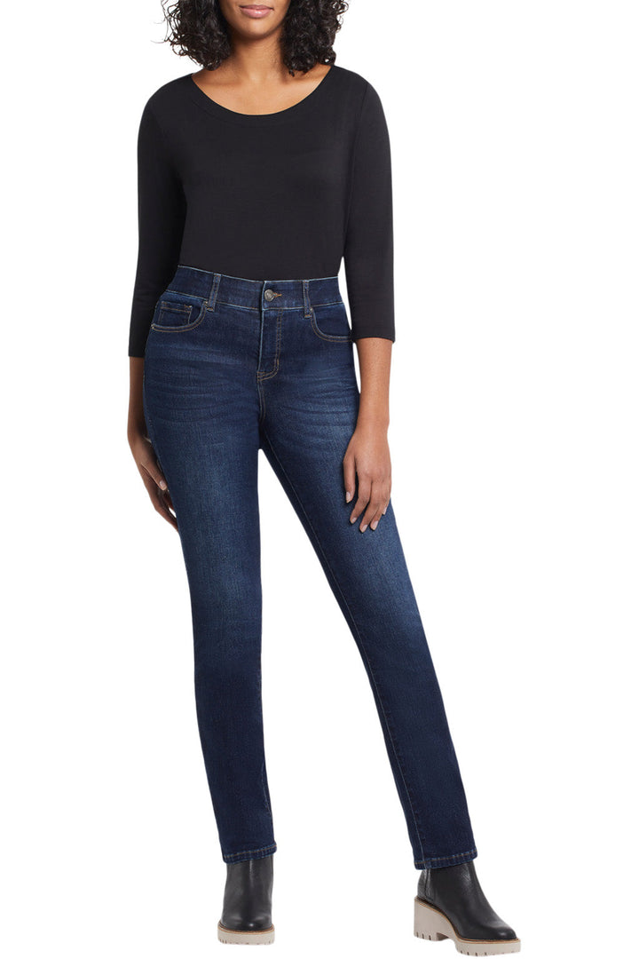A pair of curvy straight leg jeans with a mid-rise waist and five pockets, made from sustainably sourced cotton and Repreve polyester.