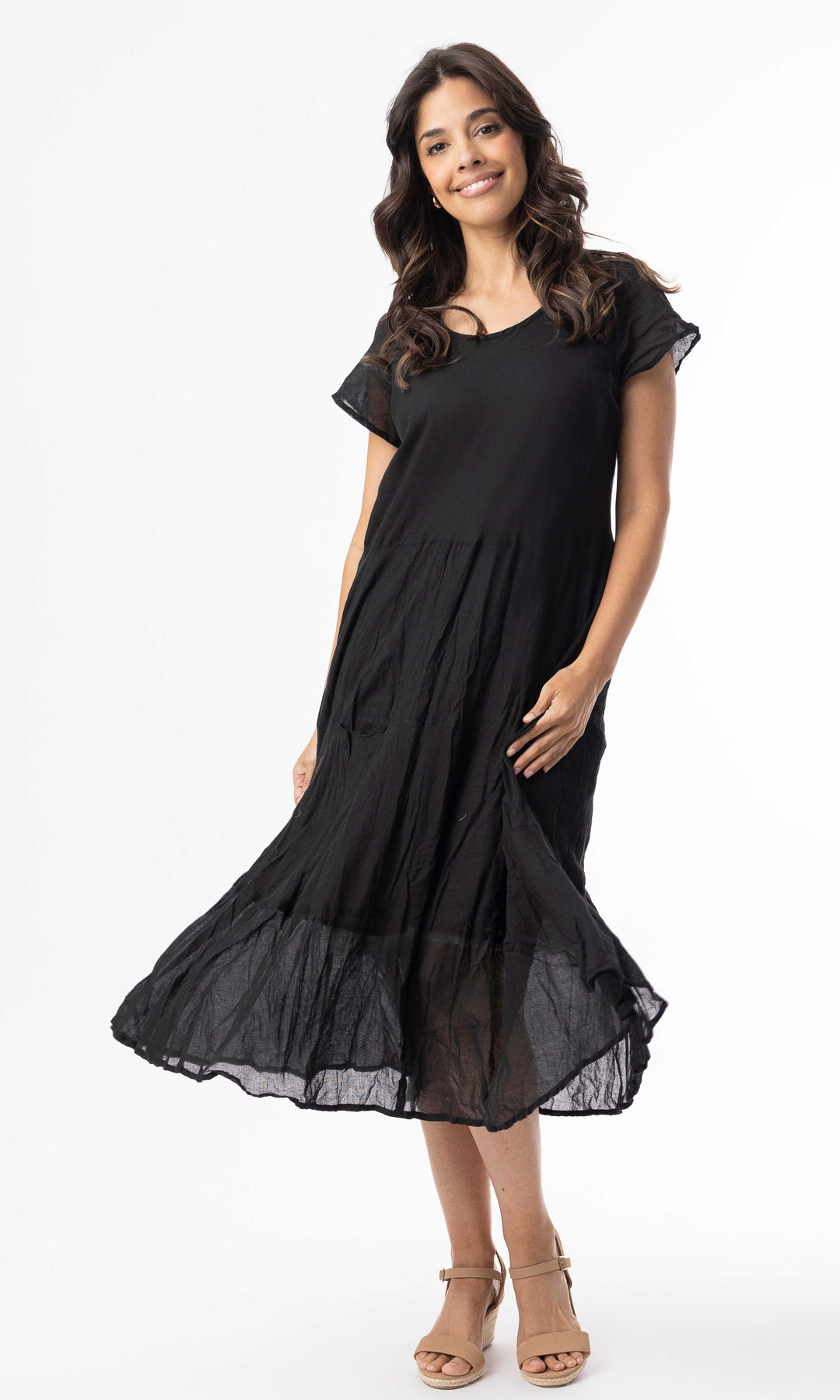 Crinkled Tiered Midi Dress with Bias Pockets