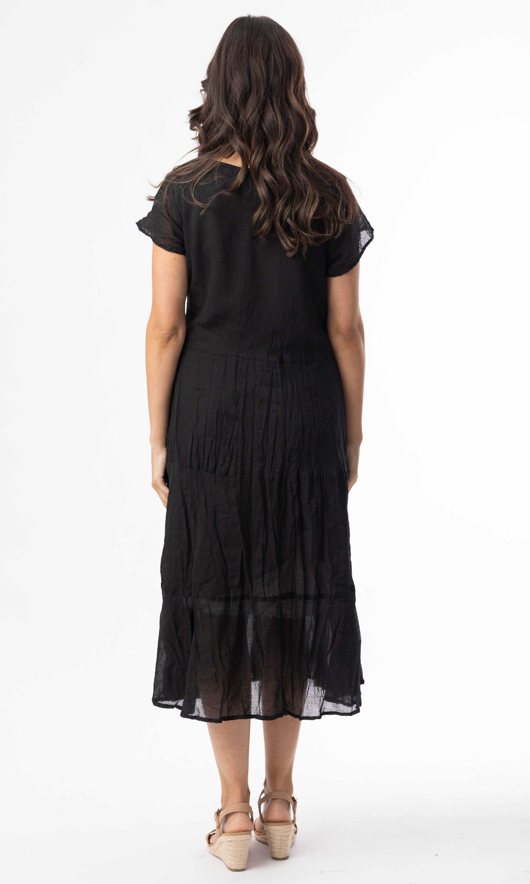 Crinkled Tiered Midi Dress with Bias Pockets