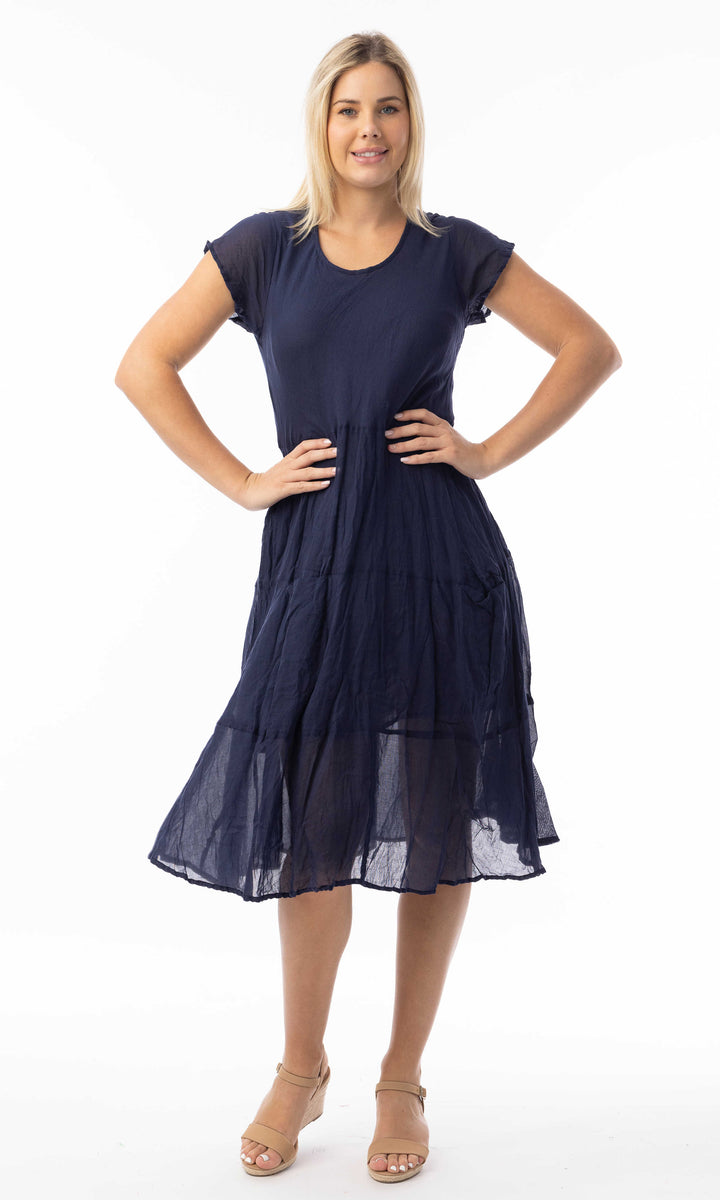 Crinkled Tiered Midi Dress with Bias Pockets