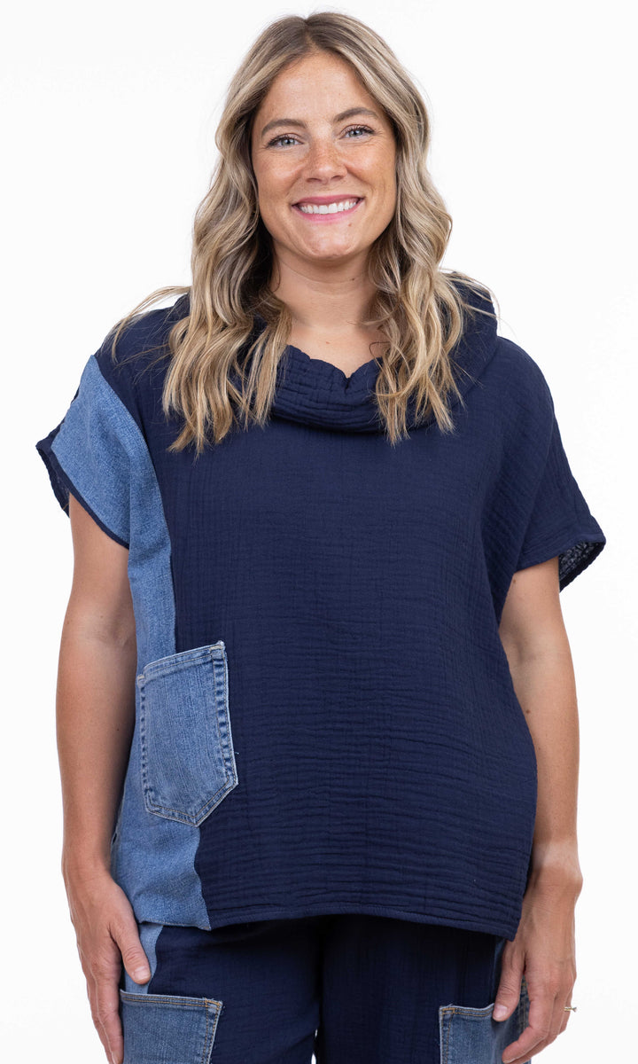 Mixed Panel Cotton Cowl Neck Top