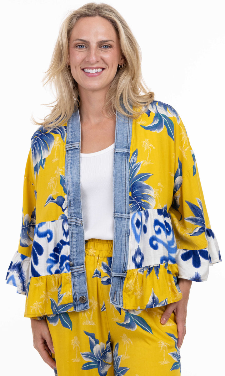 Tropical Print Mixed Panel Kimono Jacket