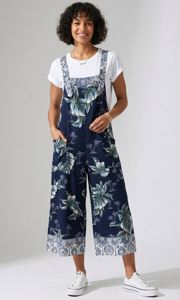 Tropical Border Print Wide Leg Jumpsuit