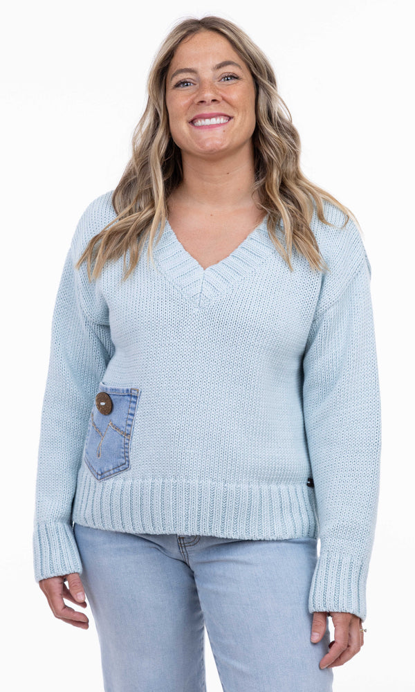 Cloud blue V-neck knit sweater with denim pocket