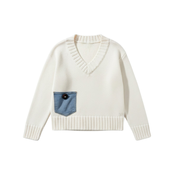 Denim Pocket Cotton V Neck Sweater