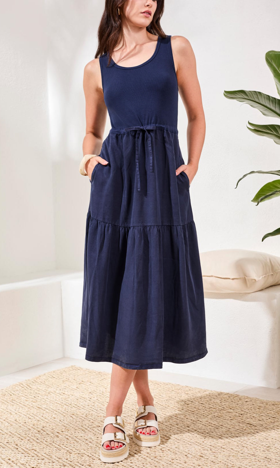 Sleeveless Tie-Waist Tiered Midi Dress