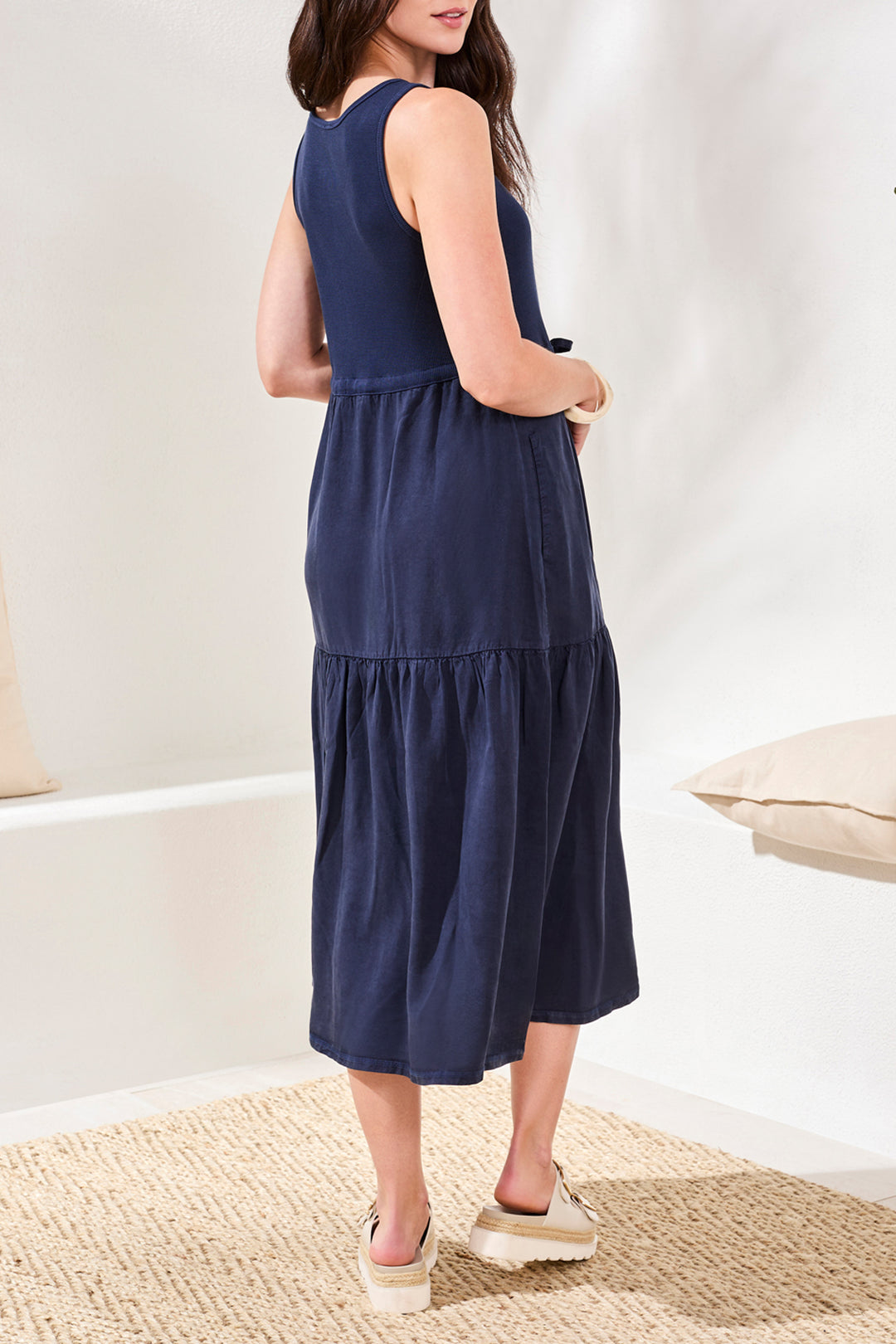 Sleeveless Tie-Waist Tiered Midi Dress
