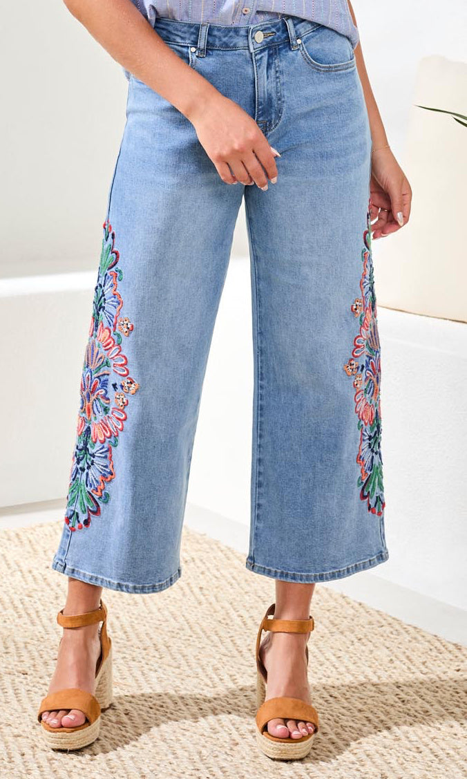 Crop Wide Leg Embroidered Denim