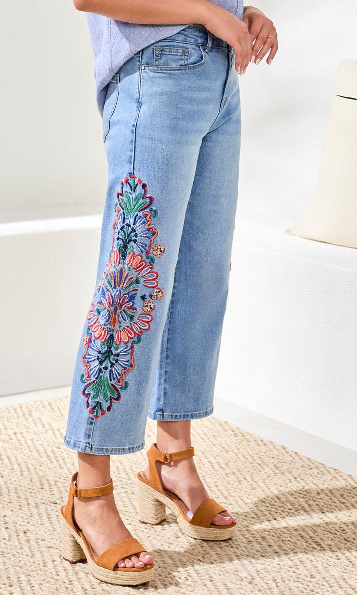 Crop Wide Leg Embroidered Denim