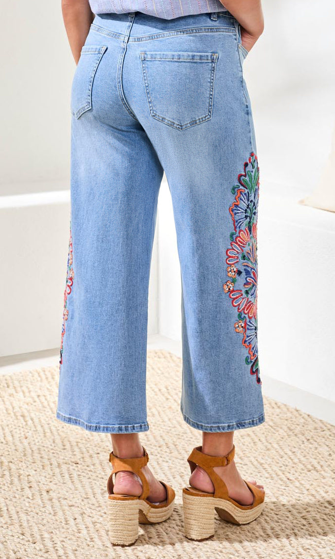 Crop Wide Leg Embroidered Denim