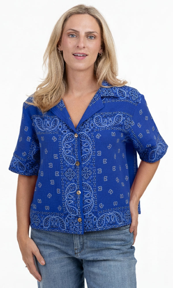 Royal blue bandana print short-sleeve button-front blouse